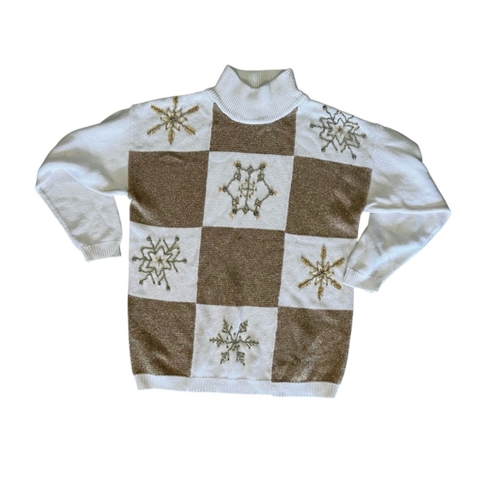 Womens Maurada Ugly Christmas Sweater L Snowflake White Gold Knit Turtleneck VTG